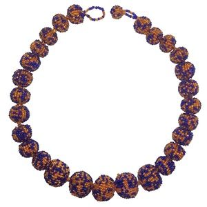 Orange & Blue Seed Bead Balls Handmade Statement Necklace